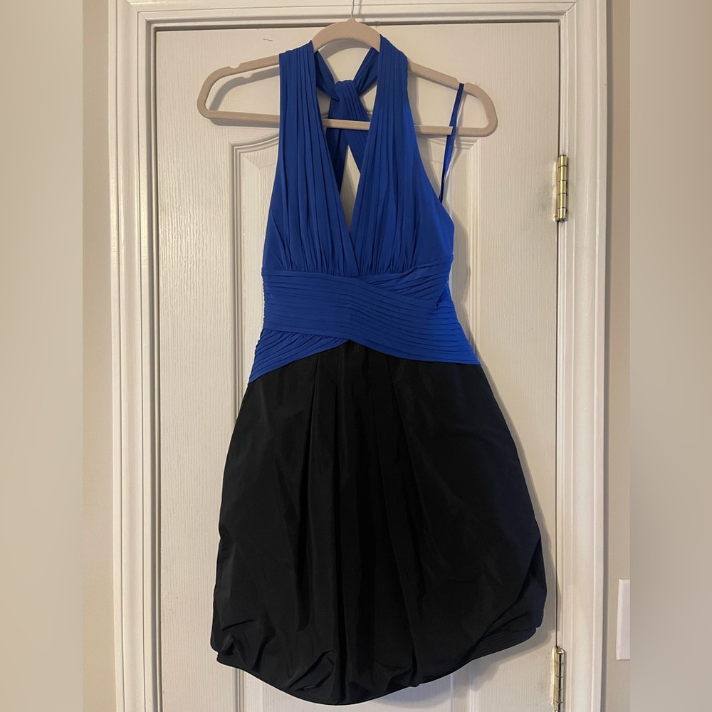 BCBGMAXAZRIA Blue and Black Halter Bubble Hem Dress